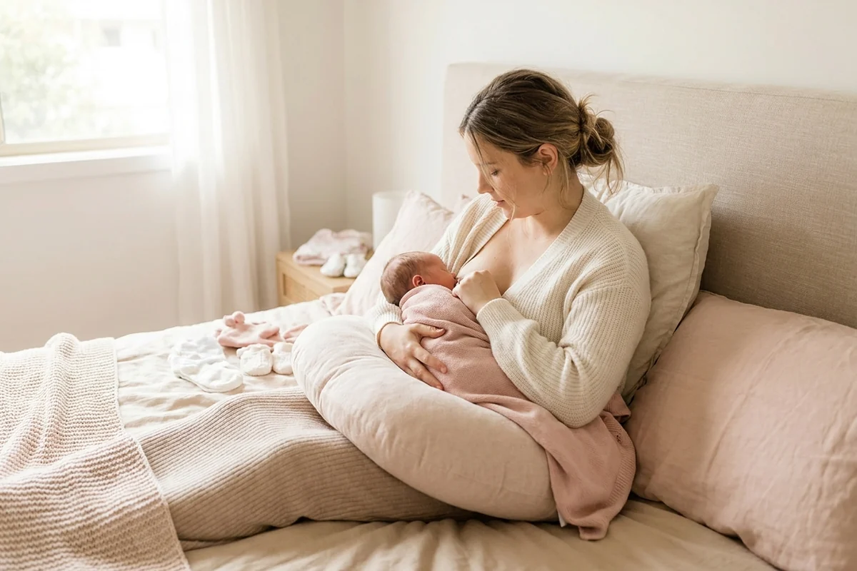 Tétée au calme, peau à peau, avec un coussin d'allaitement